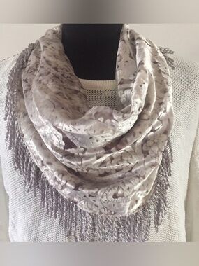 Vintage silver grey Floral Velvet Infinity Scarf with Fringe